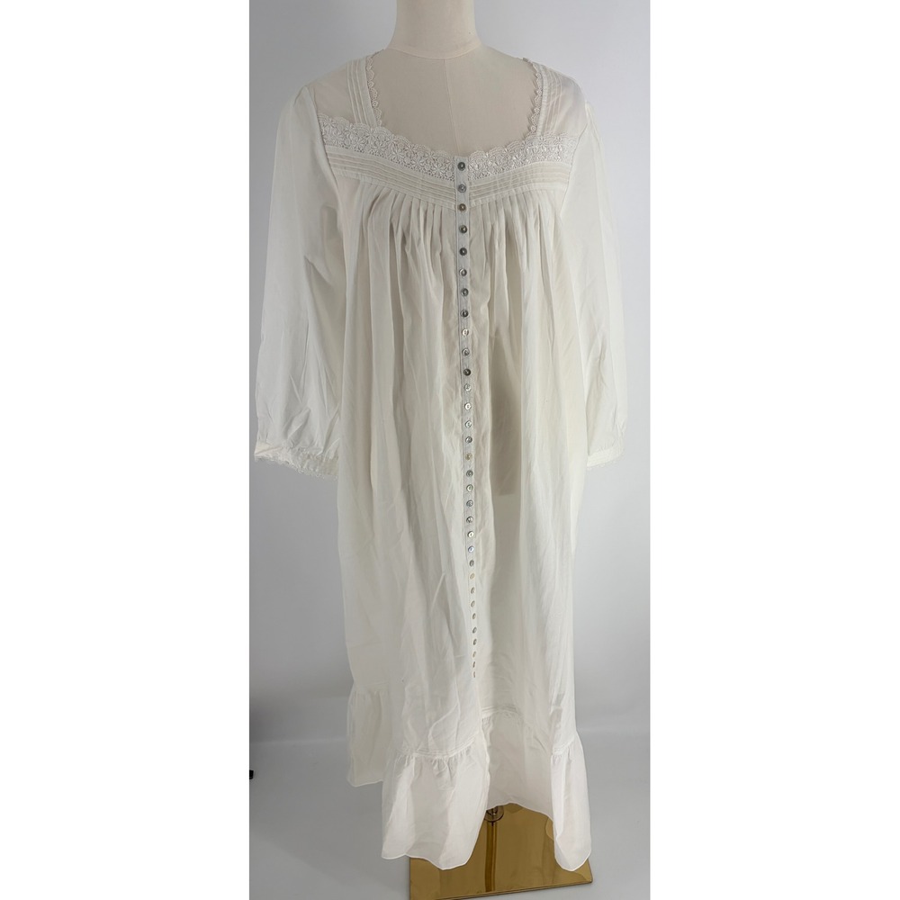 Eileen West White Cotton Lawn Lace Trim Long Nightgown Dress Medium E5816154